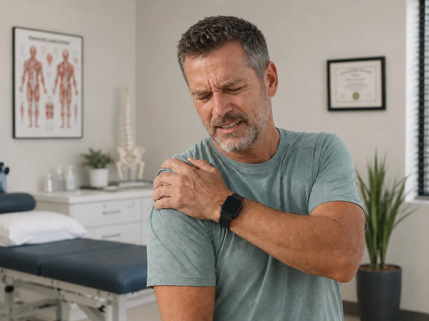 A patient wincing while gripping a sore shoulder in a clinical exam room