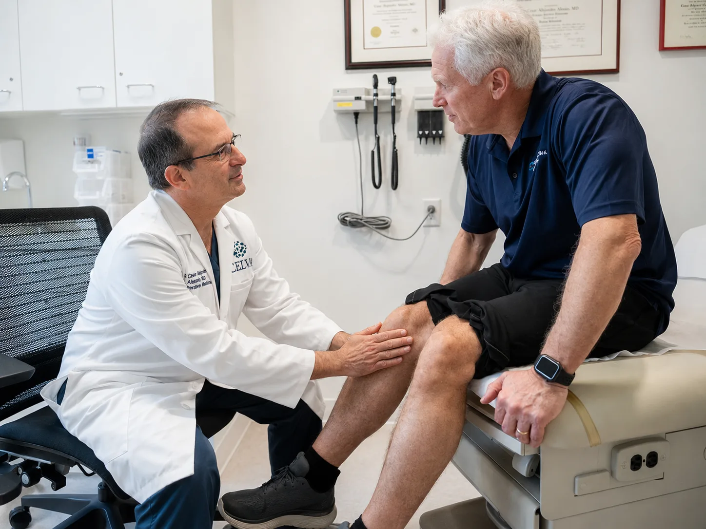 A Celva physician examining a patient's knee during a clinical exam
