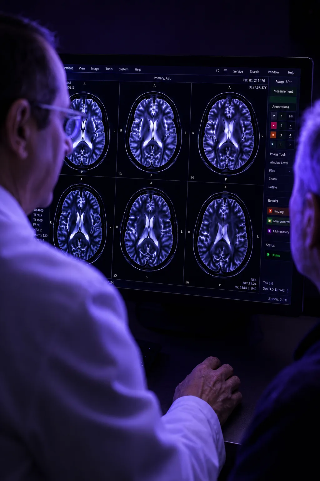 Two Celva clinicians reviewing brain MRI slices on a monitor during a multi-disciplinary case review